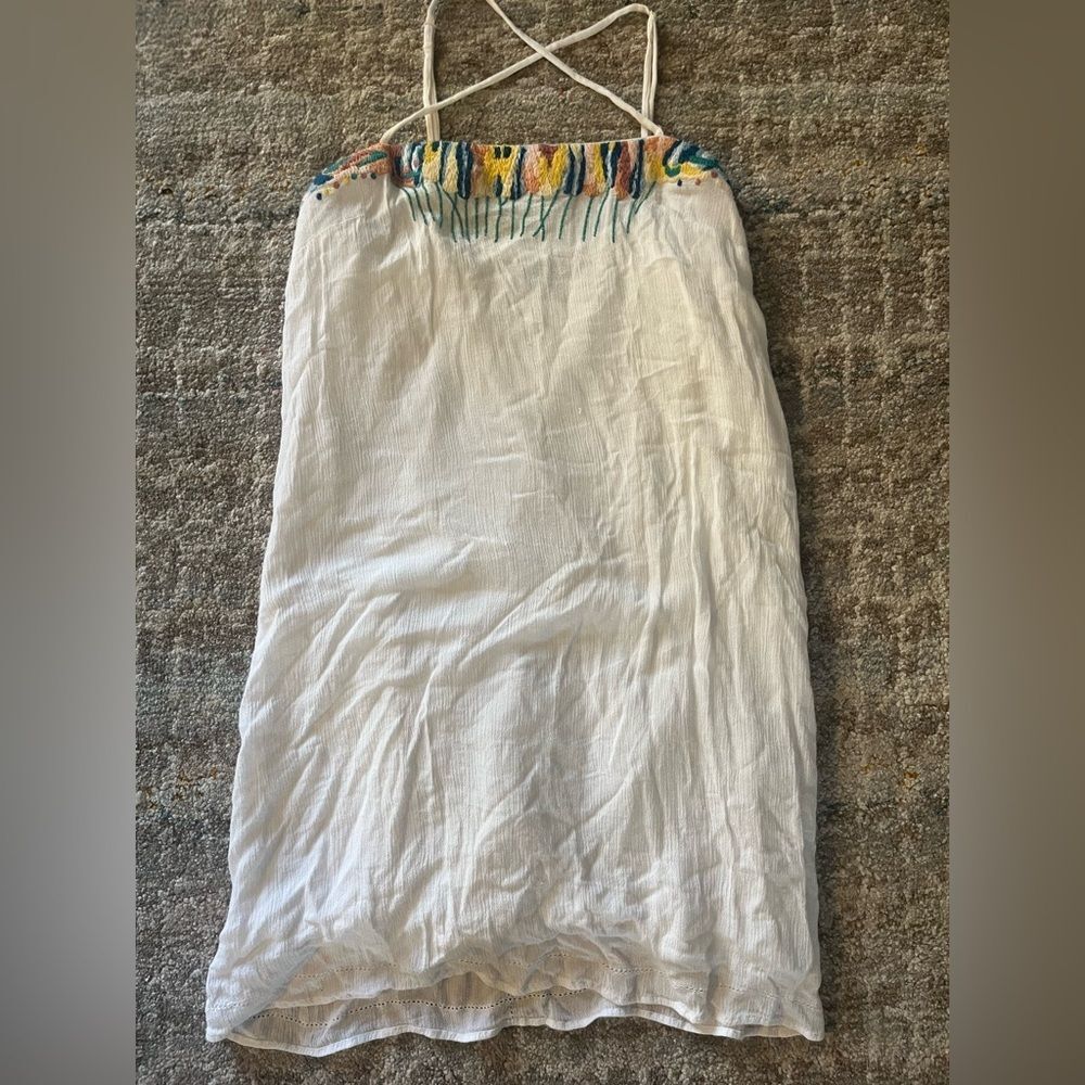 French Connection White Sundress with Multicolor Embroidered Yoke
